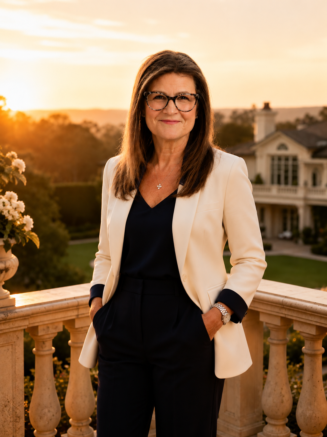 Crystal Langdon on a private estate terrace at golden hour