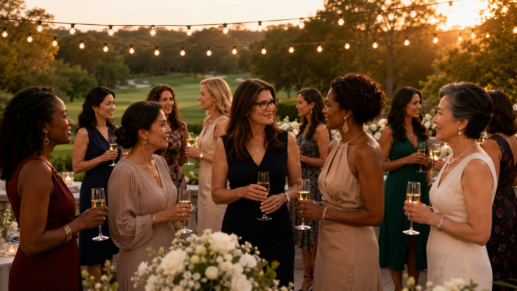 An elegant women's leadership gathering on a country club terrace at golden hour