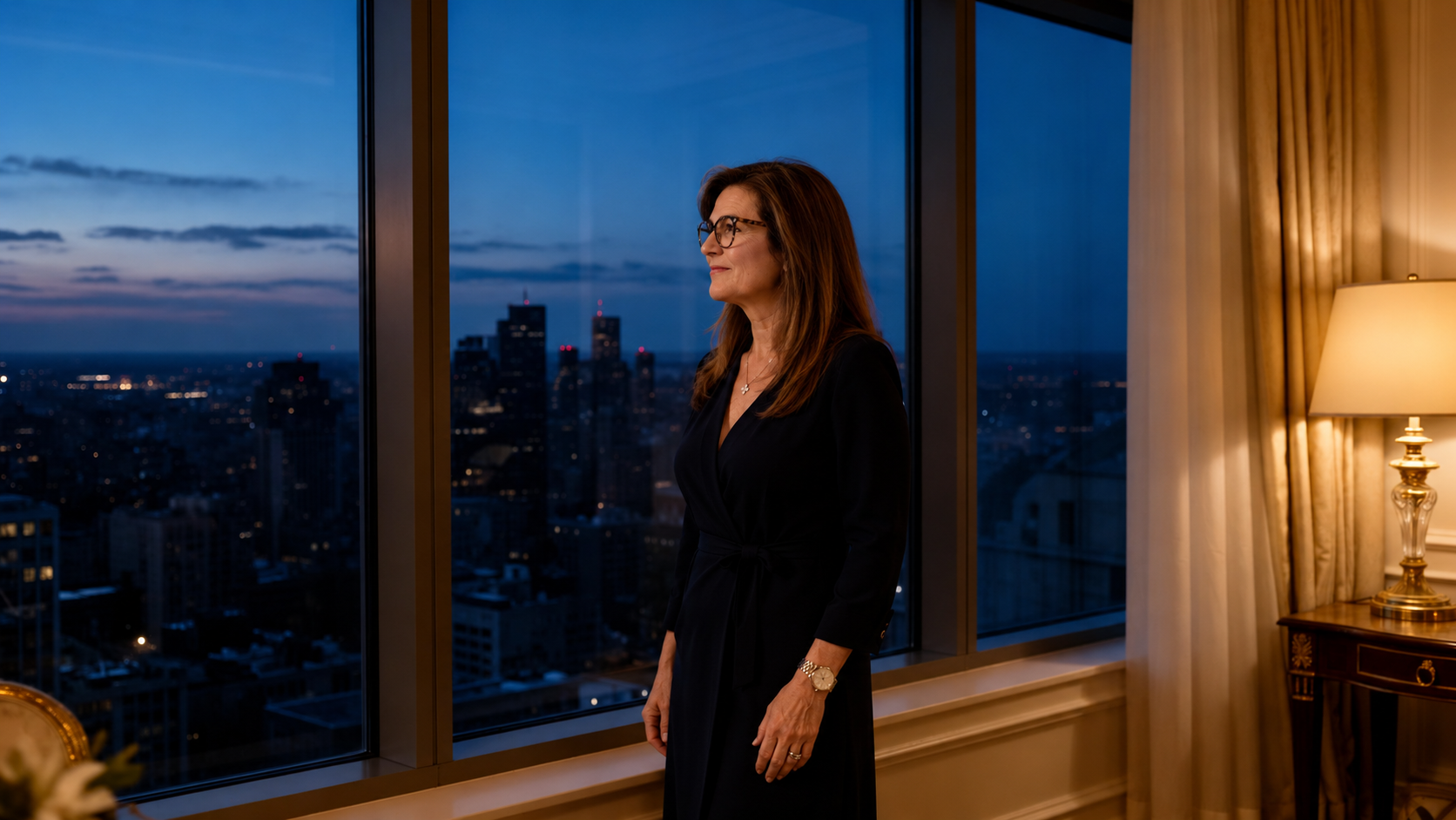 An accomplished woman looking out over a city skyline at dusk, envisioning her future